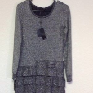 Sparkly silver dress with ruffled bottom.